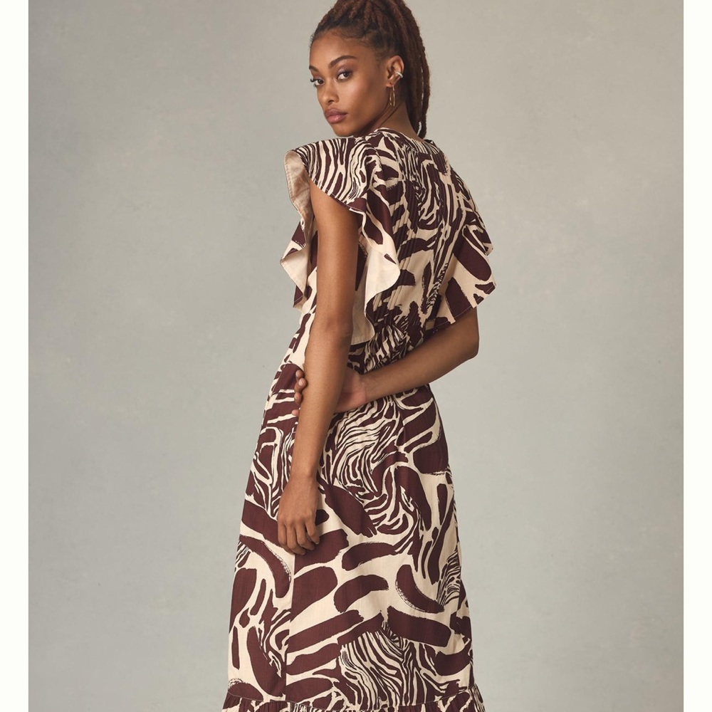 Anthropologie The Cassandra Maxi Dress Zebra Print Ruffled Hem Brown Motif - Picture 2 of 6
